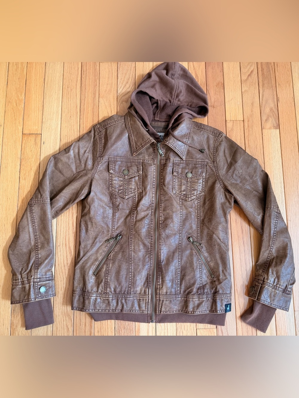 Women’s medium brown leather polyester jacket hood zipper zip out liner and hood